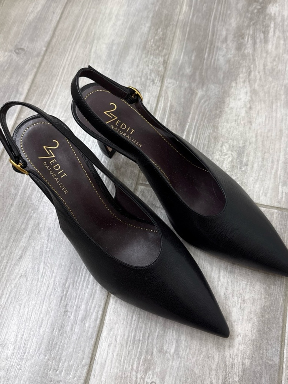 27 Edit Naturalizer Black soft leather Pointed Slingback Heels with  Buckle